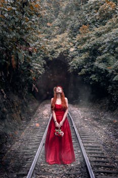 A woman in a red dress stands on railway tracks surrounded by verdant forest.